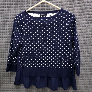 Navy Polka Dot Ruffle Sweater SzM 3/4 Sleeve Preppy Coastal Cottage Soft Stretch